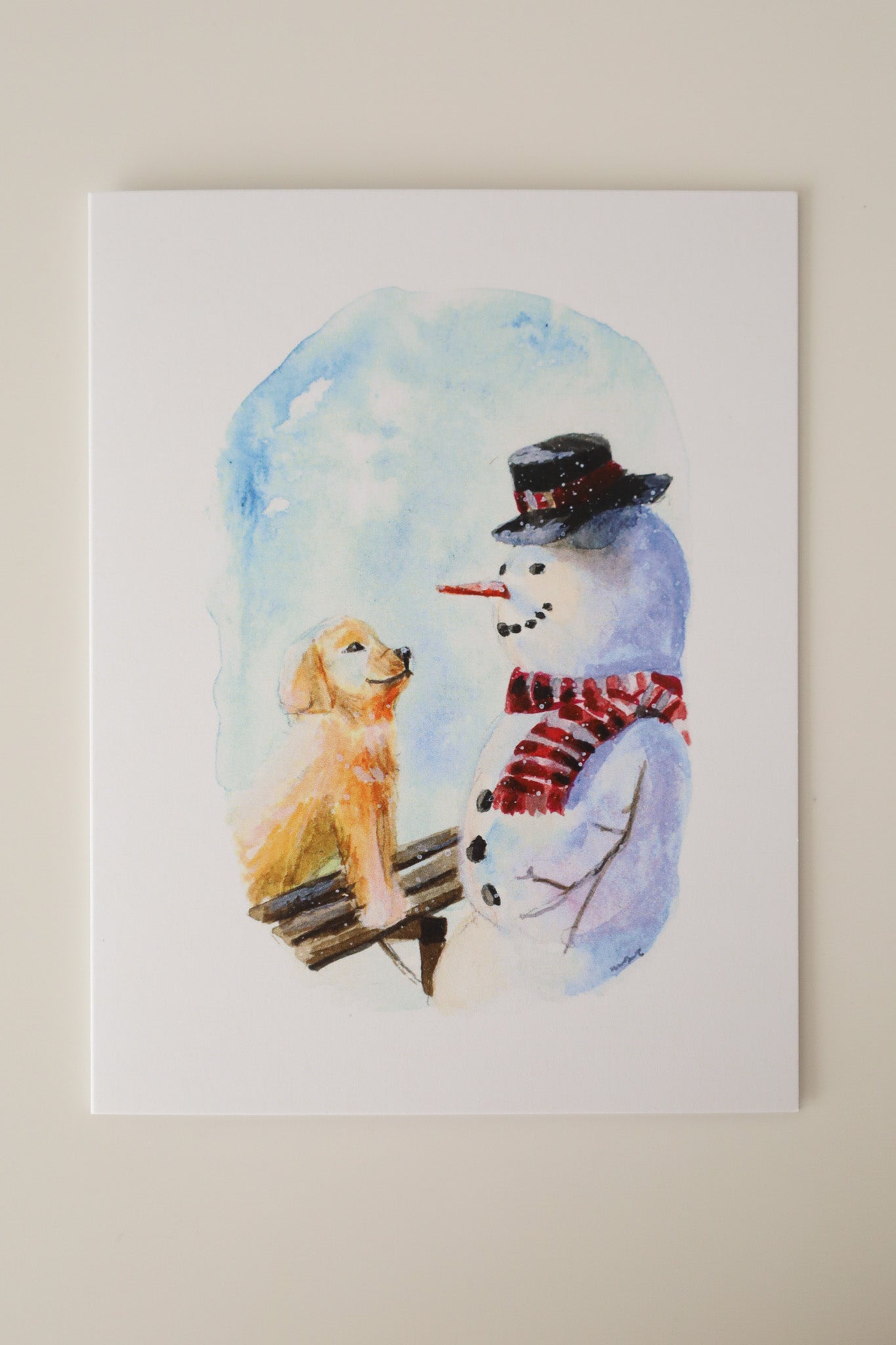 Snowman + Golden Retriever Greeting Card